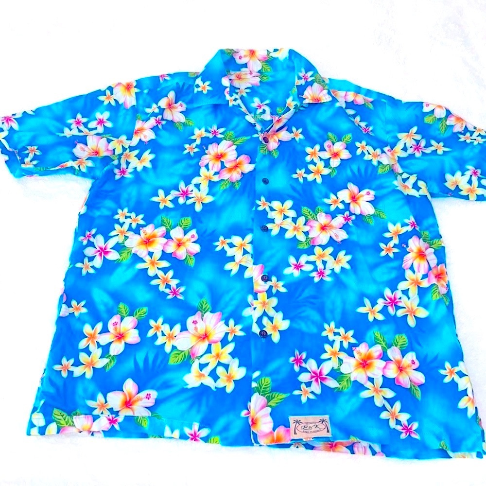 Men’s Hawaiian shirt floral blue plumeria L